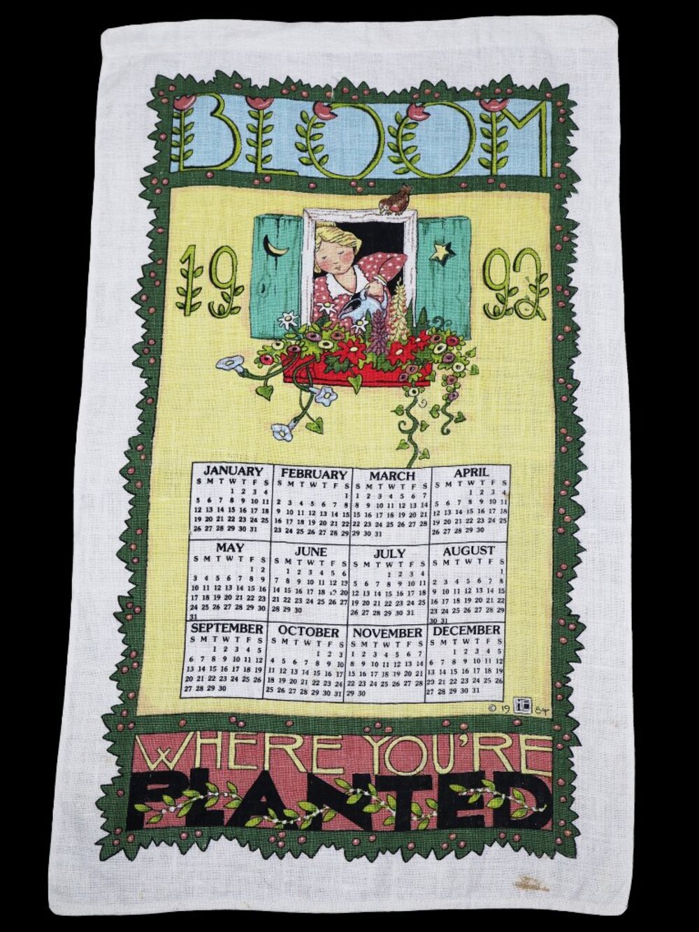 Mary Engelbreit 1992 Calendar Linen Tea Towel Vintage 90s Kitchen Kitsch Whimsy